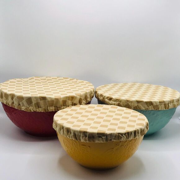 Cotton Bowl Cover For Sourdough, 3 Size Set, Reusable, Washable Neutral Checker - Picture 4 of 4